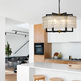 Modern Black Chandeliers for Dining Room, Drum Chandelier 6 Lights 23.6 inch, Modern Farmhouse Lighting Fixture with Water Ripple Glass Pendant Hanging Light Round Chandelier