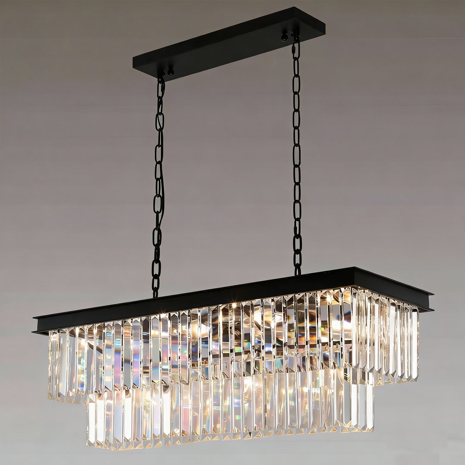 Modern Rectangular Crystal Chandelier | Black Linear Pendant Light for Dining Room & Kitchen Island