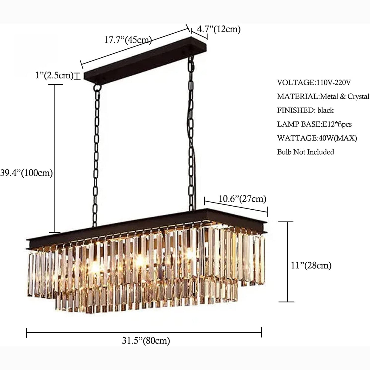 Modern Rectangular Crystal Chandelier | Black Linear Pendant Light for Dining Room & Kitchen Island