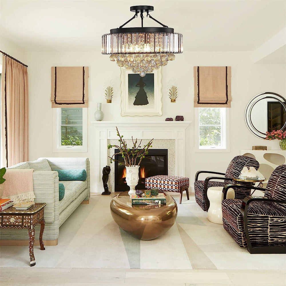 Black crystal chandelier over dining table, farmhouse industrial interior design