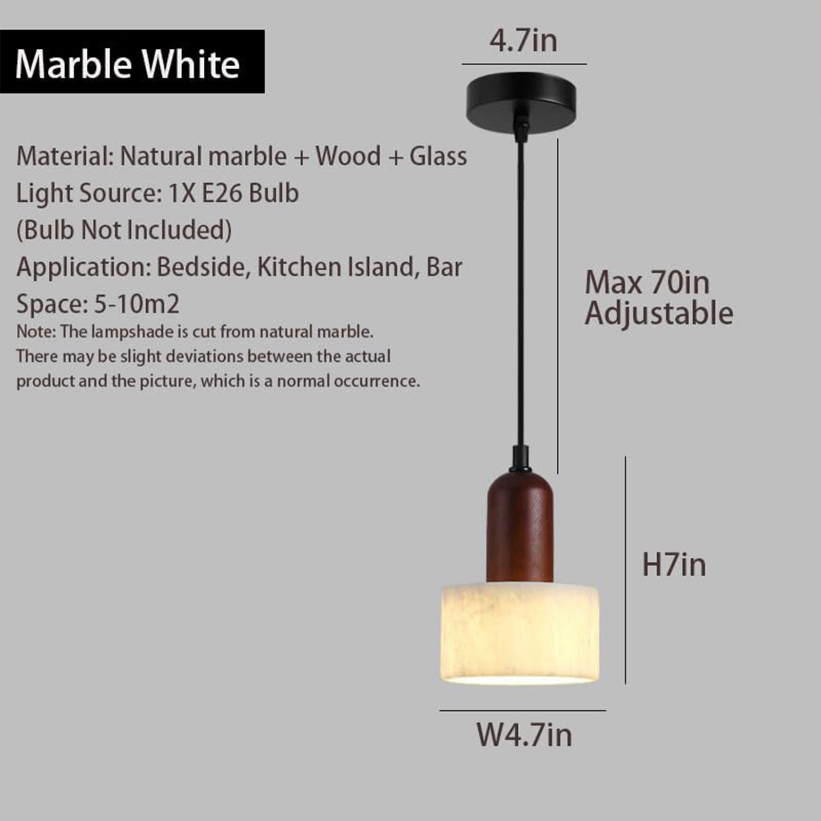 Natural marble wood pendant light dimension & specs: E26, 70in adjustable cord, 5-10㎡ use.