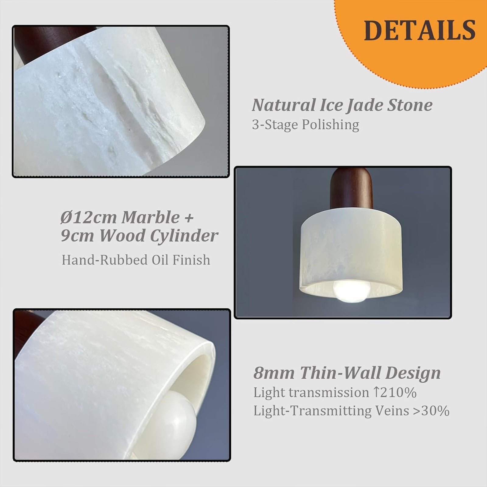 Natural ice jade stone pendant light details: 3-stage polish, 8mm thin wall.