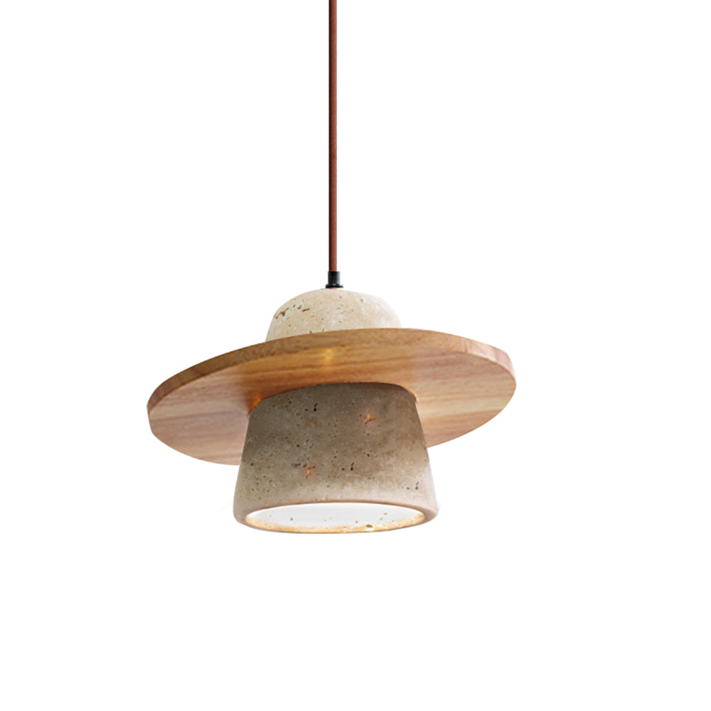 Natural wood travertine pendant light close-up