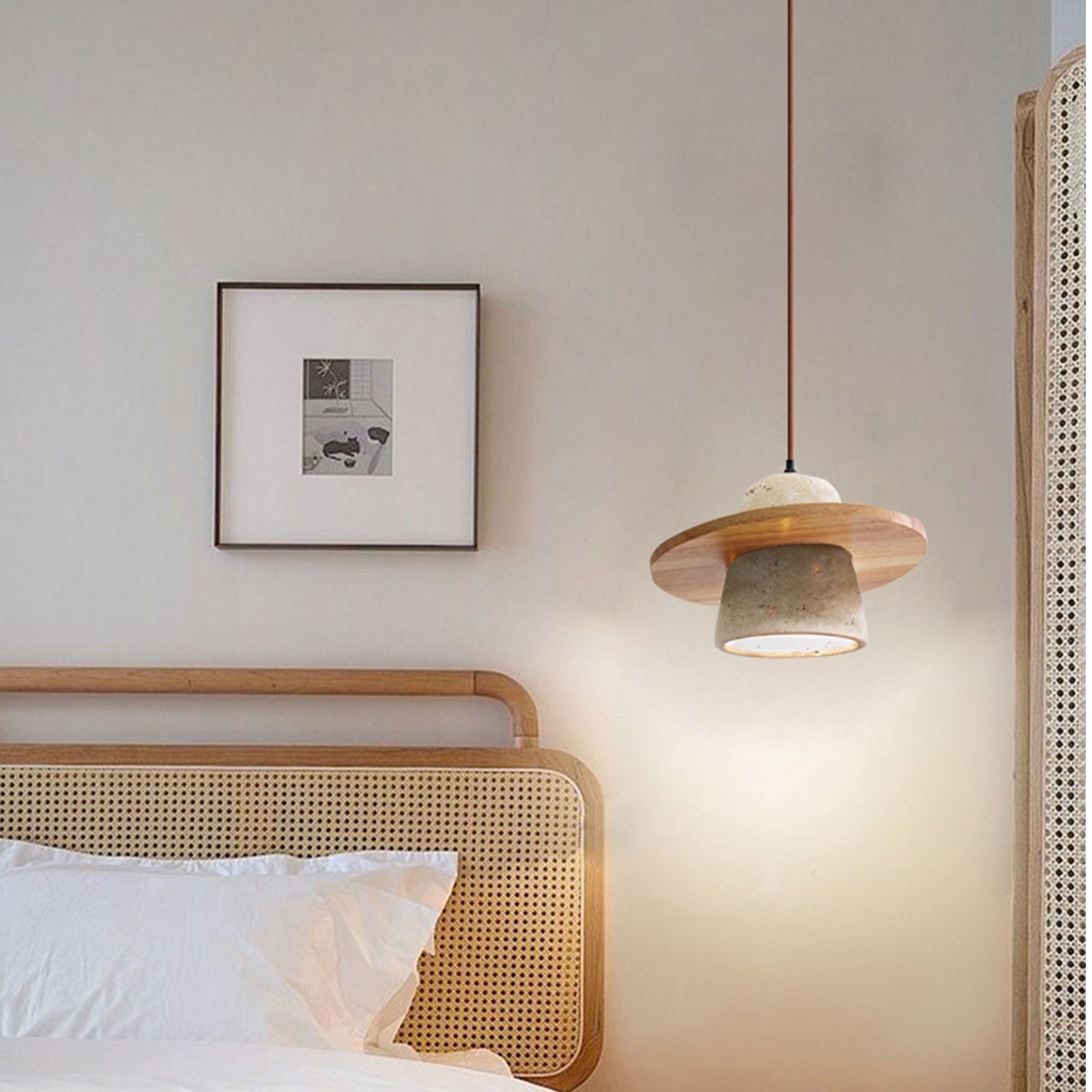 Natural Travertine Pendant Light with Wood Shade, Adjustable Cord Wabi-Sabi Ceiling Light, 2 Wood Finishes Available