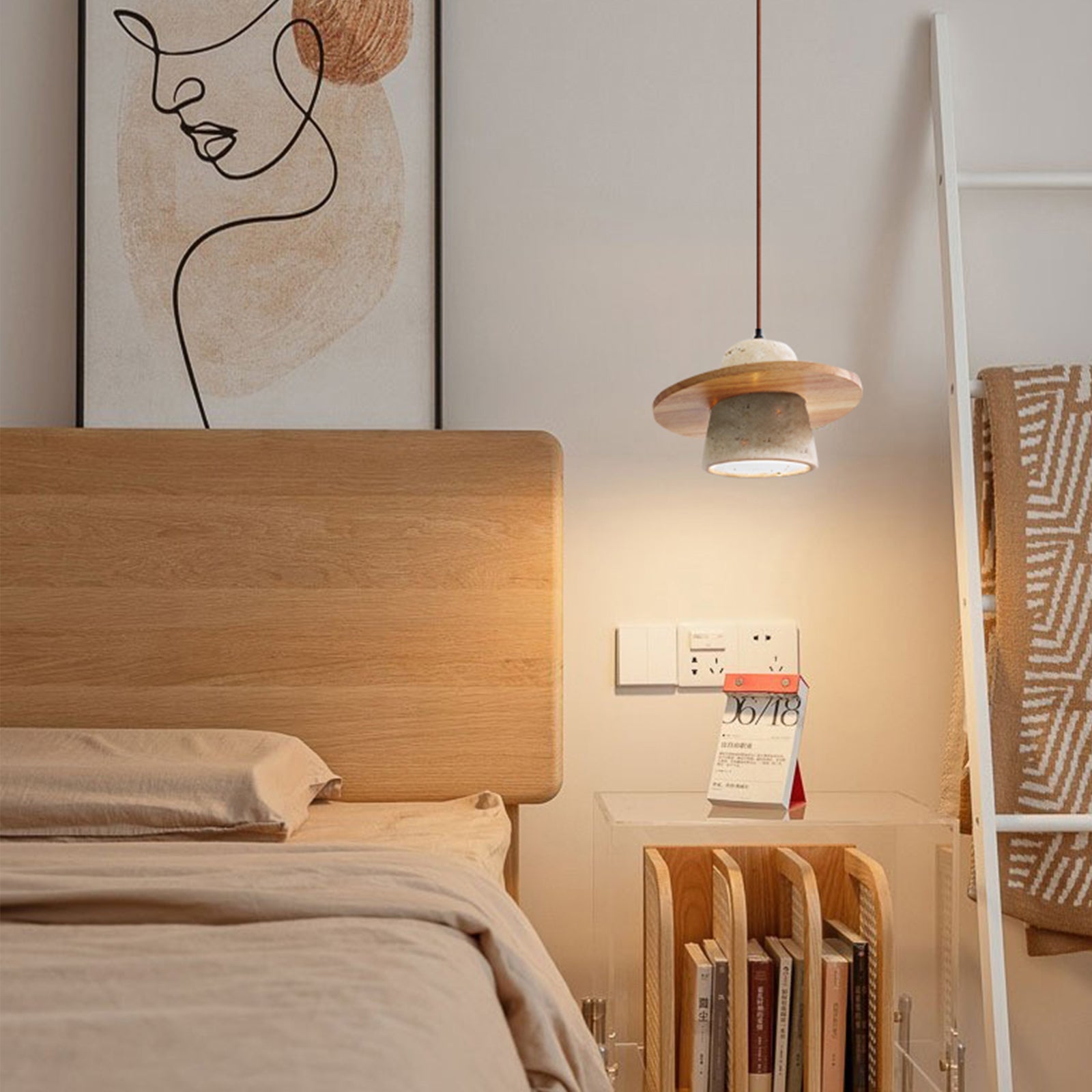 Natural wood travertine pendant light over rattan bed