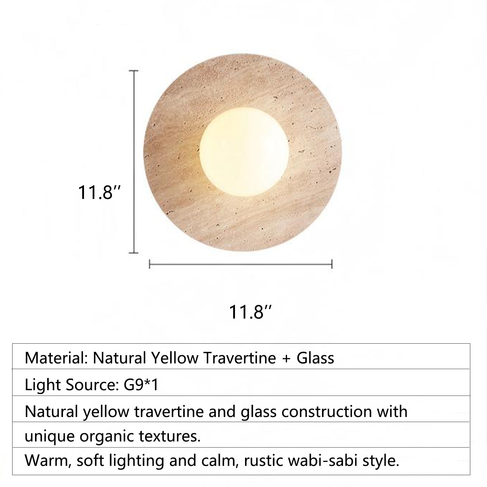Product shot of travertine wall sconce with specifications