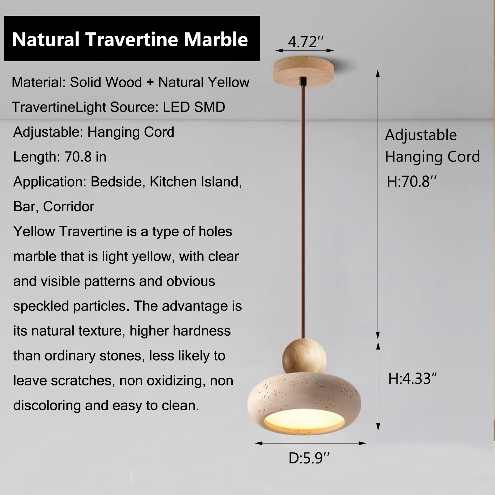 Product shot of travertine LED pendant light with dimensions and specifications