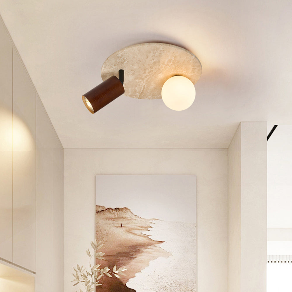 Travertine ceiling light with wood spotlight & glass globe