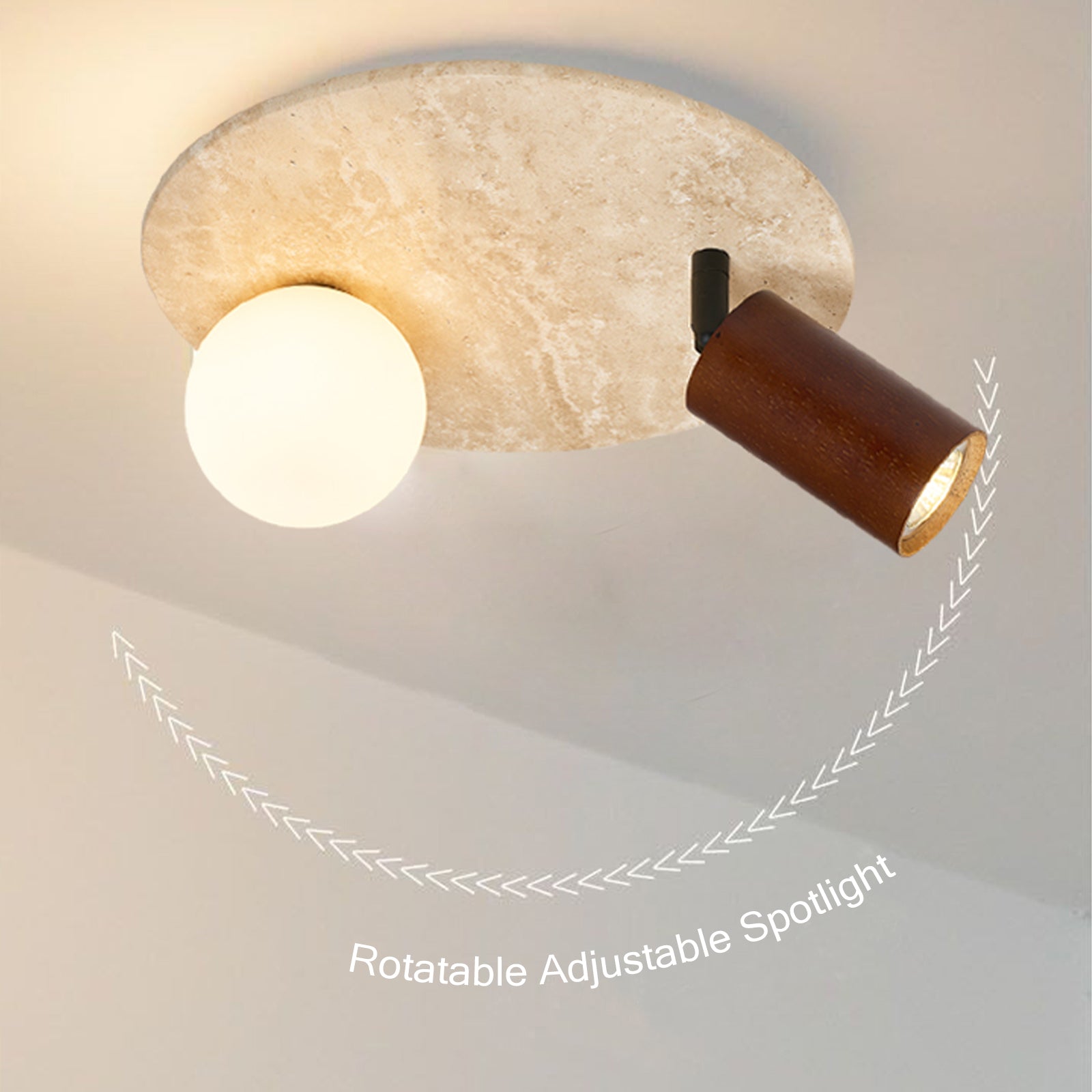 Adjustable wood spotlight detail on stone ceiling light