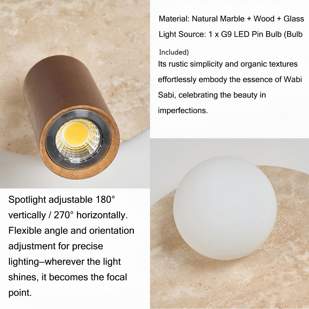 Spotlight & glass globe details on travertine light