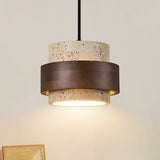 Natural Yellow Travertine & Solid Wood Pendant Light - Rustic Wabi-Sabi Hanging Lamp for Home Decor