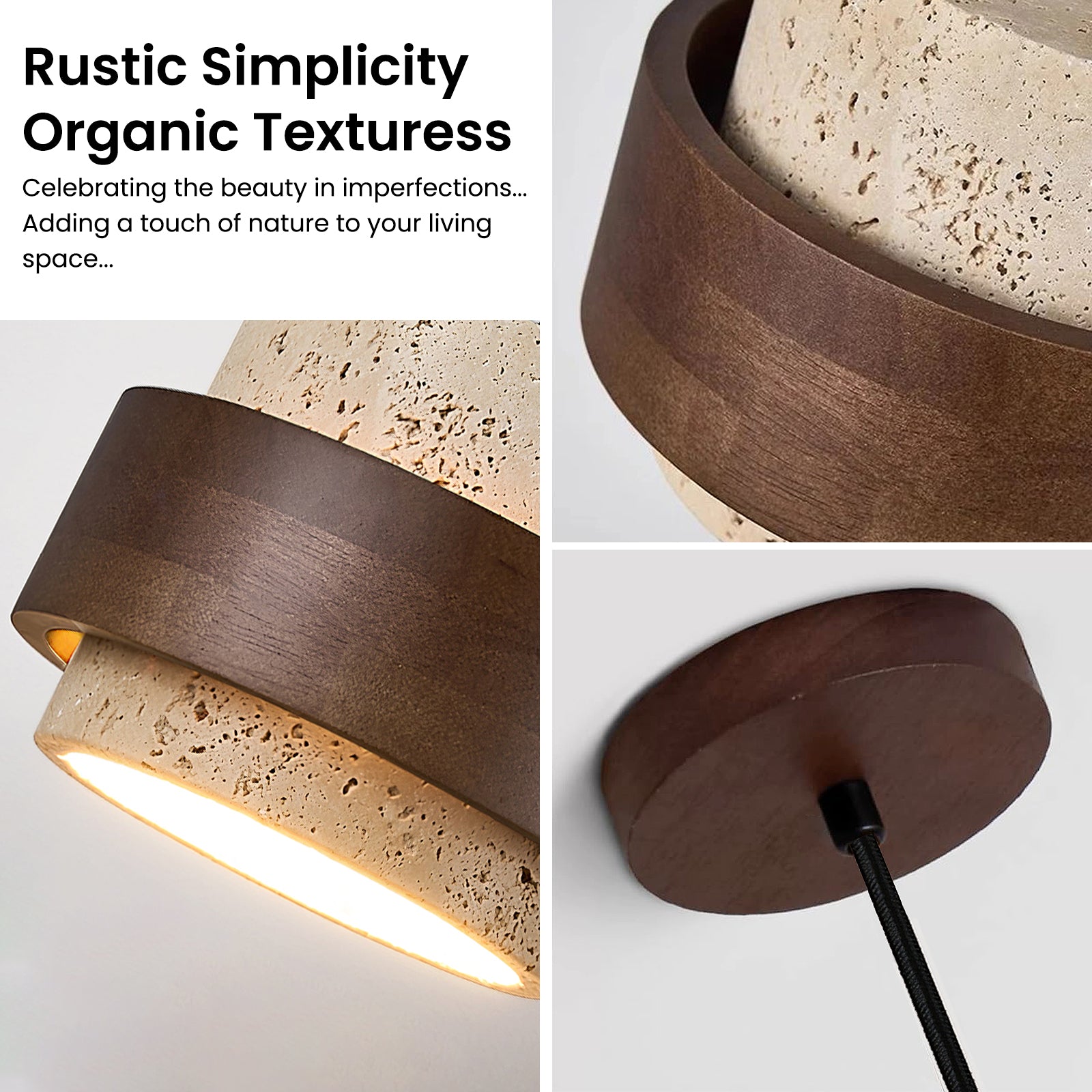 Close-up Details of Yellow Travertine Pendant Light: Organic Porous Stone Texture, Dark Wood Accent, and Matching Wood Ceiling Mount