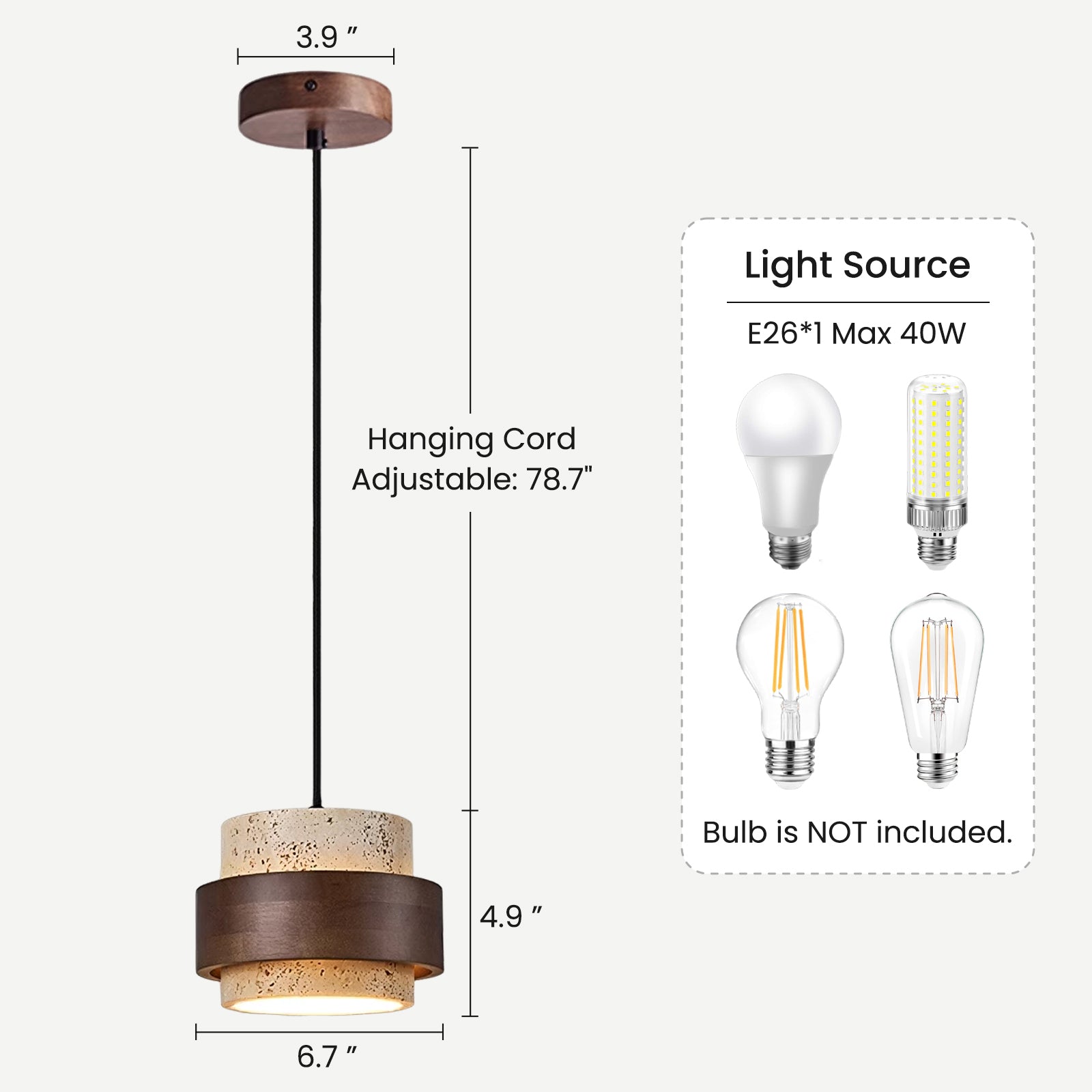 Yellow Travertine Pendant Light Dimensions and Specifications: Adjustable Hanging Cord, E26 Bulb Base, and Size Guide