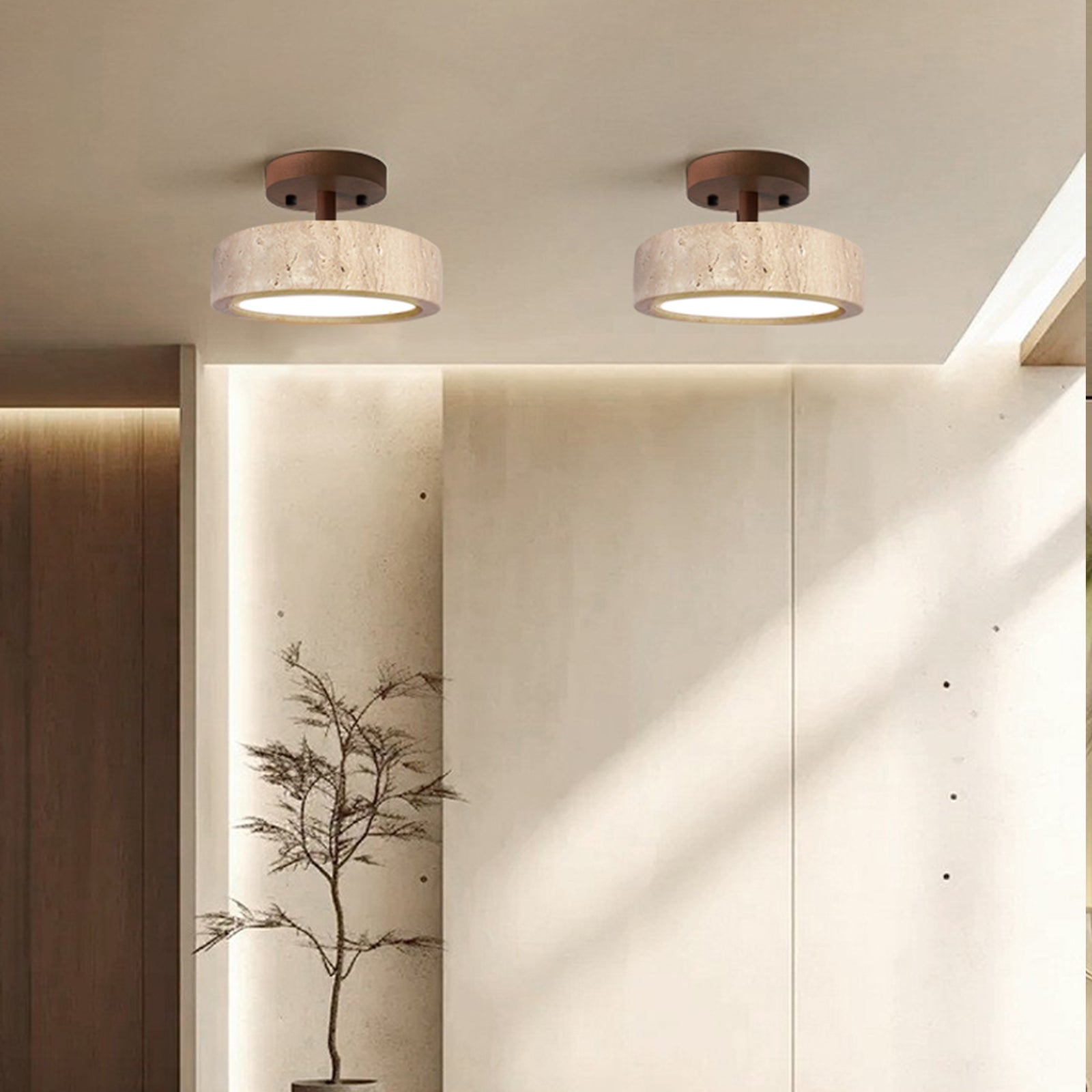 2 walnut wood travertine ceiling lights in  hallway