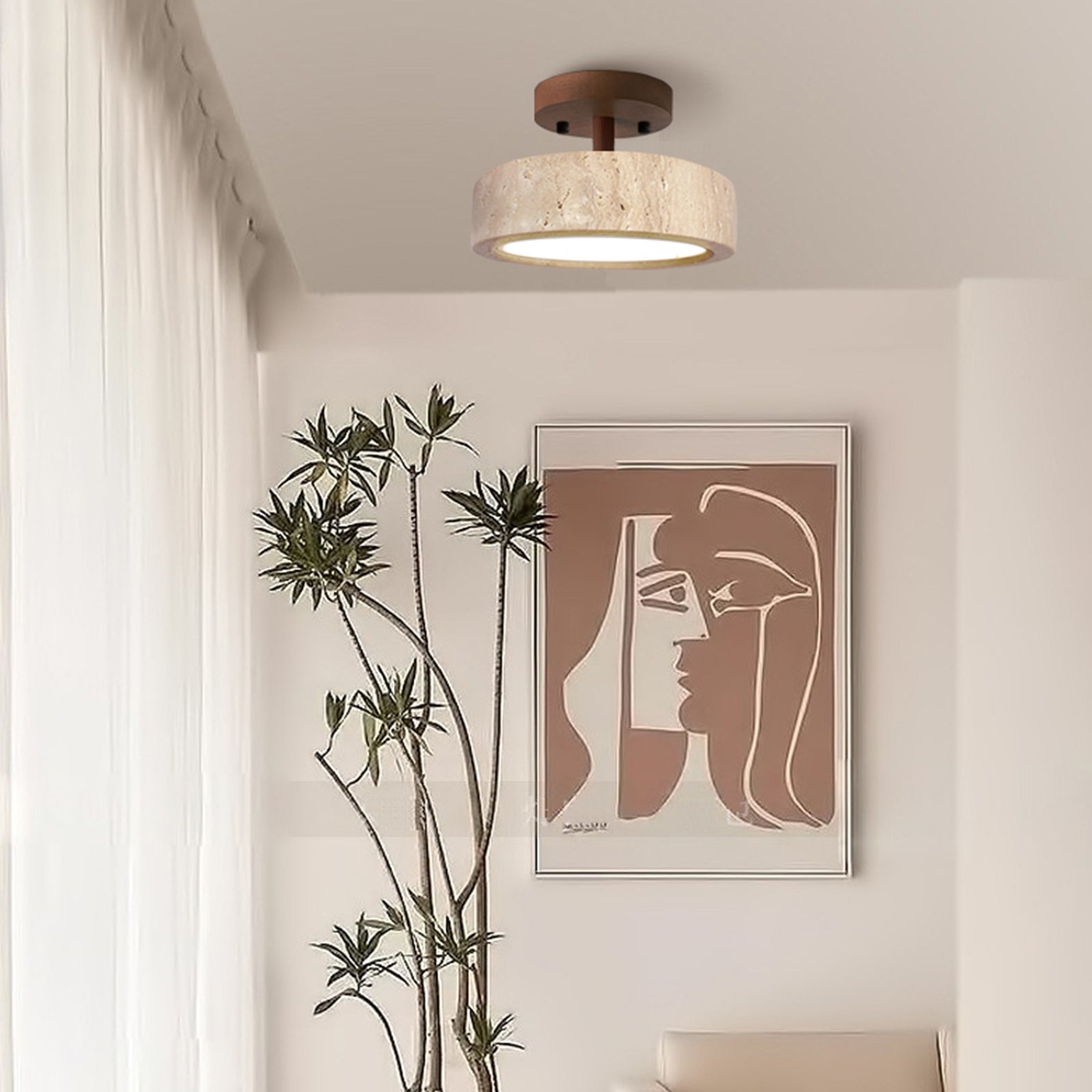 Walnut wood travertine ceiling light in living room