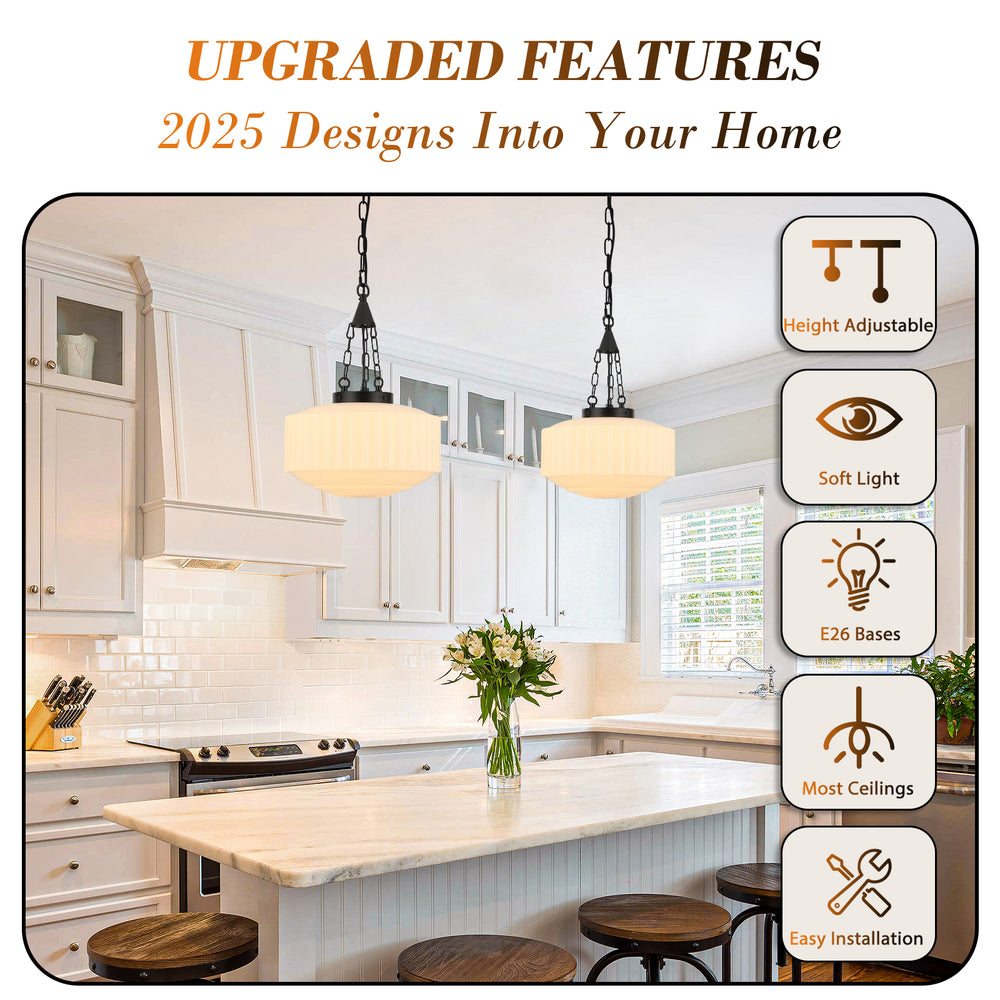 Matte black vintage schoolhouse pendant lights in kitchen