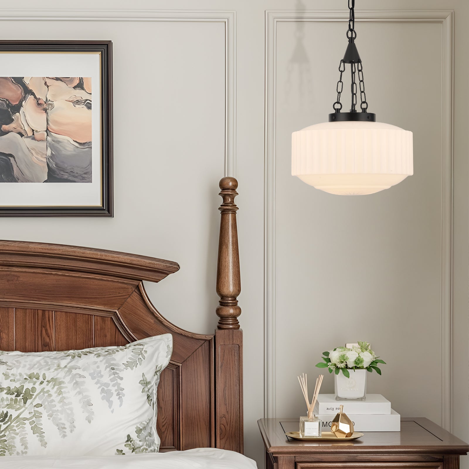 Black milk glass pendant light in bedroom