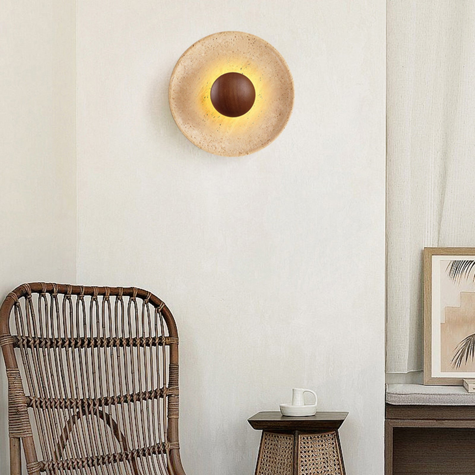 Japandi travertine wood wall sconce in neutral-toned room