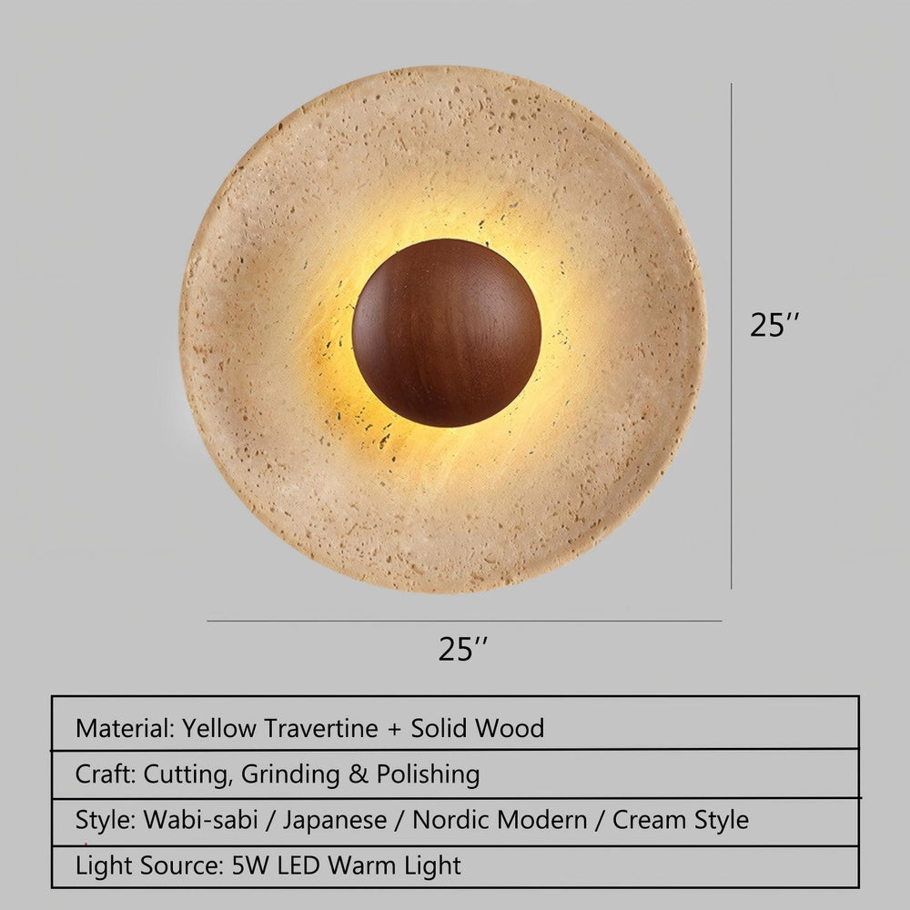 Product shot of travertine LED wall sconce with specifications