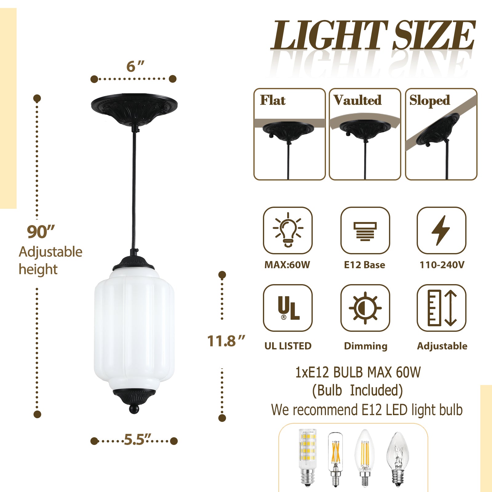 White glass pendant light specs: 11.8" shade, 90" adjustable cord, E12 base