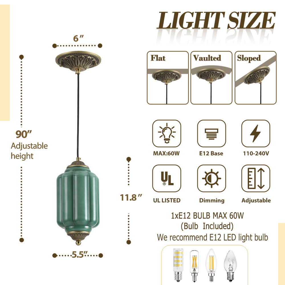 Ceramic pendant light specs: 11.8" shade, 90" adjustable cord, E12 base, dimmable