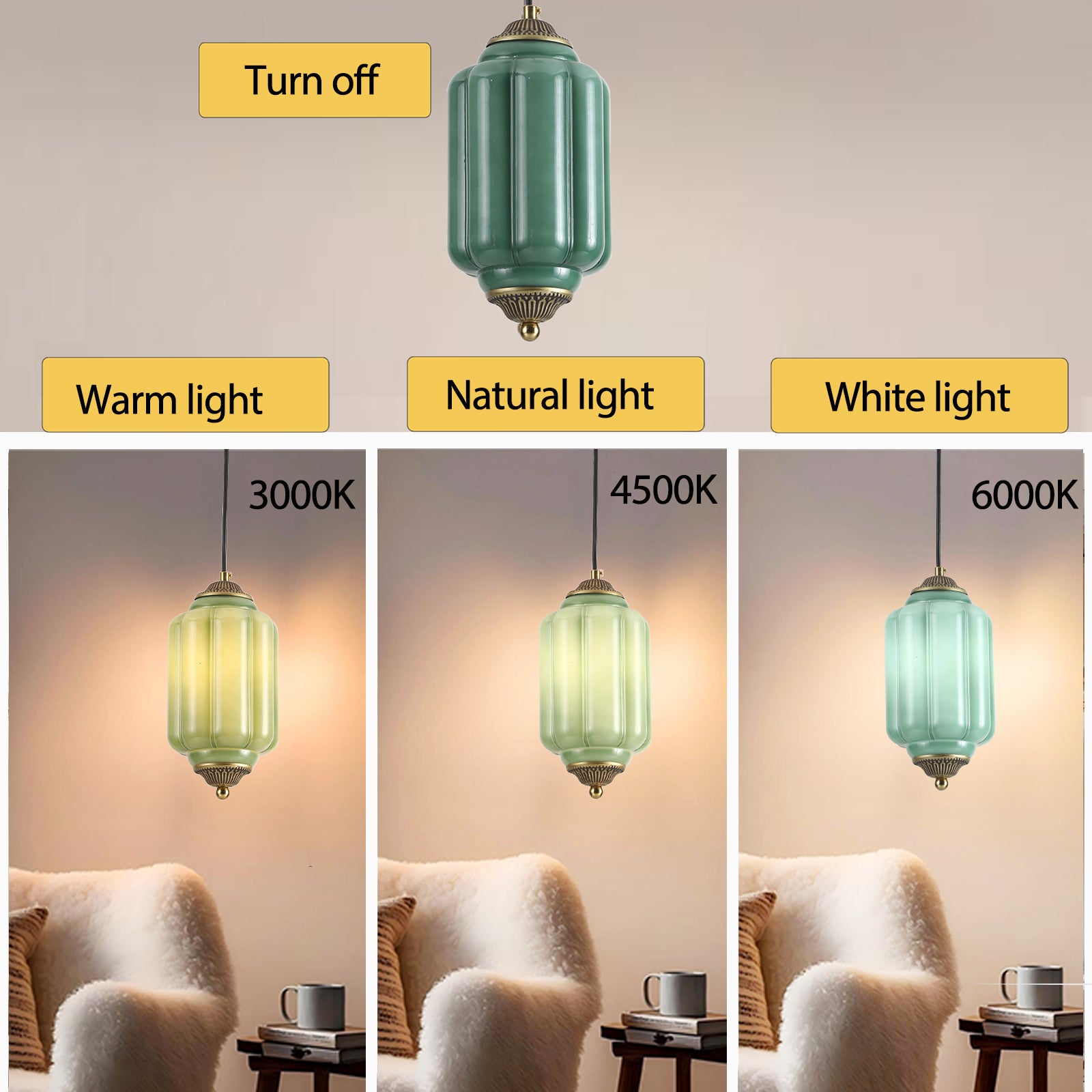 3 color options for green pendant light: warm 3000K, natural 4500K, cool 6000K