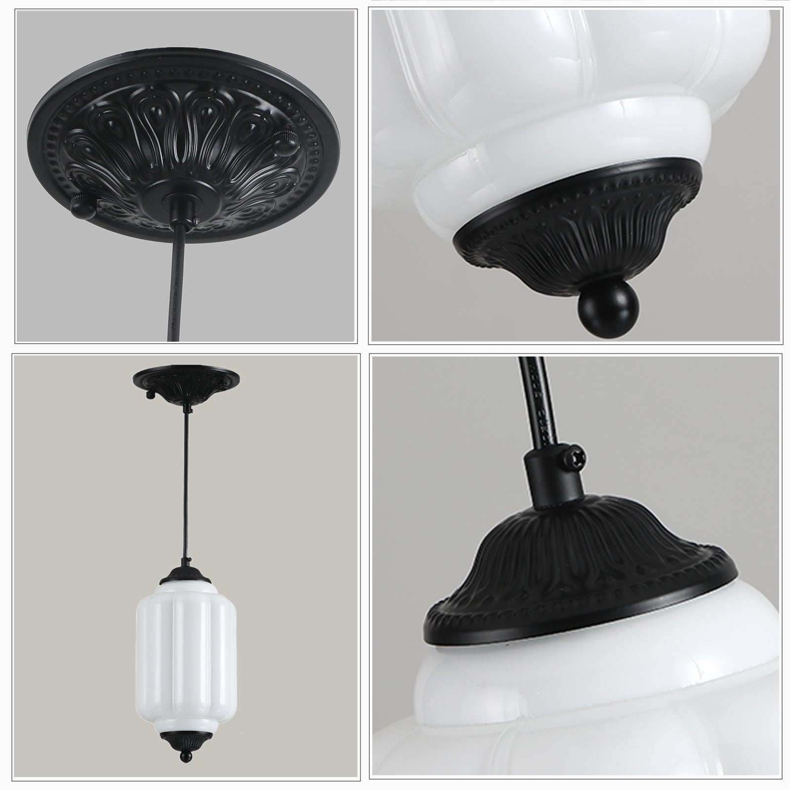 Black metal vintage pendant light detail: canopy, glass shade, fixture
