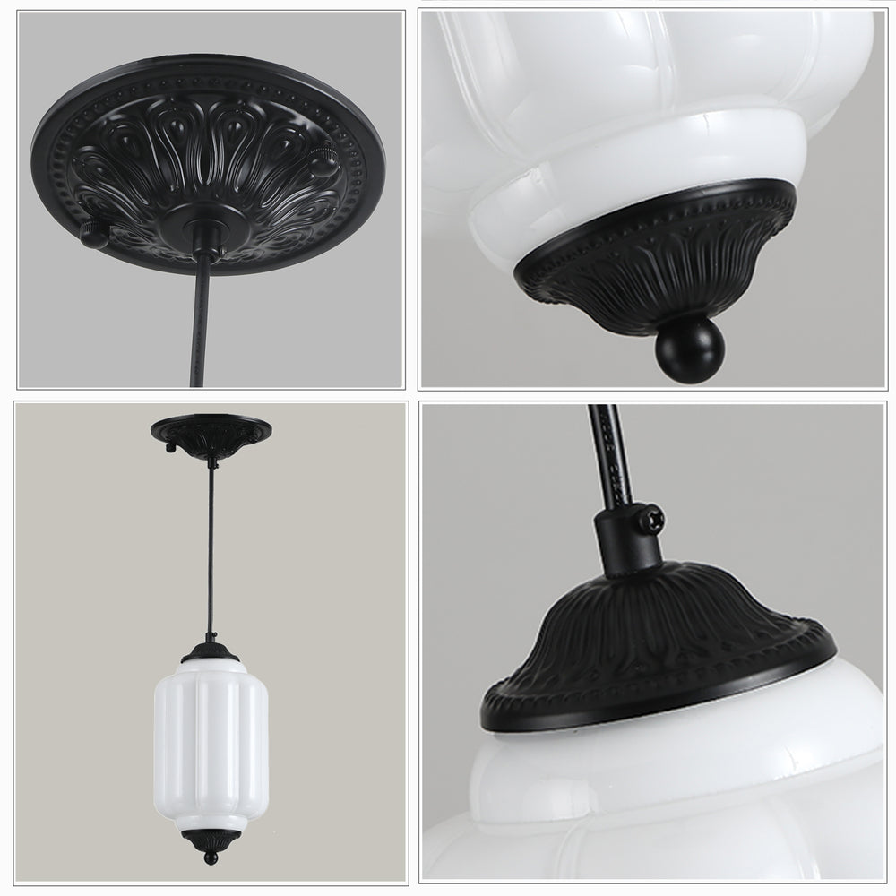 Black metal vintage pendant light detail: canopy, glass shade, fixture
