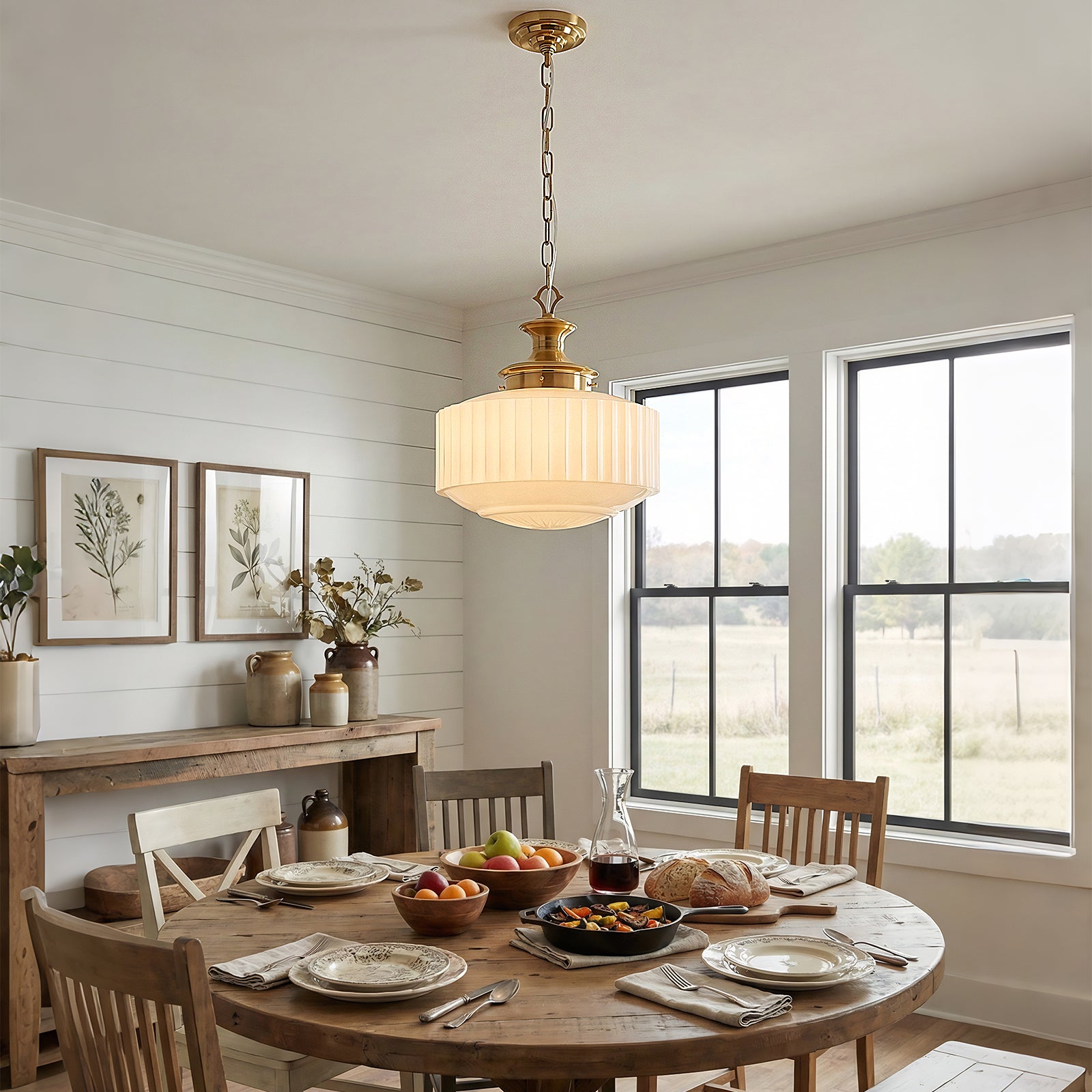 Vintage schoolhouse pendant light in dining room