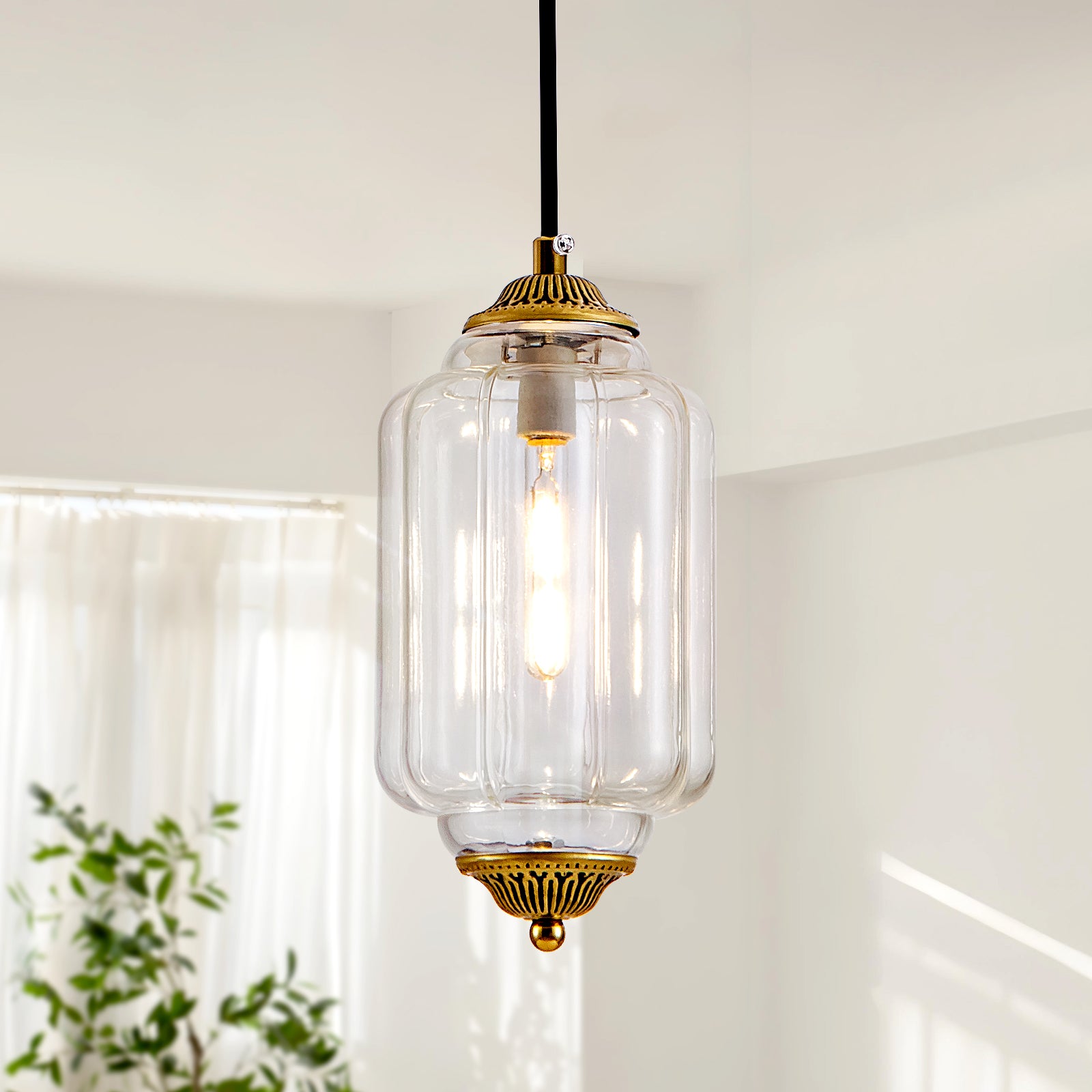 Vintage antique bronze vertical ribbed clear glass mini pendant light
