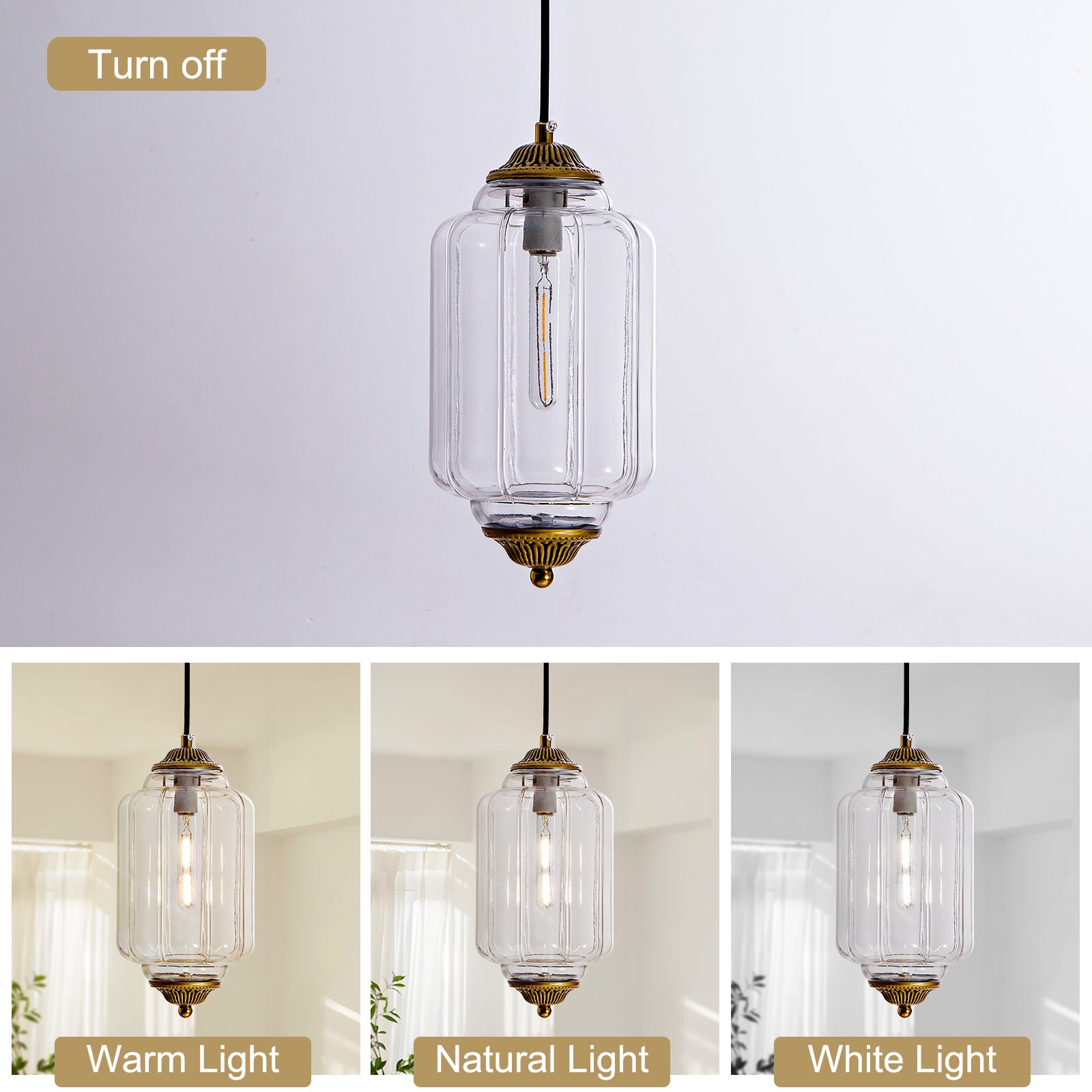 Turn off warm natural white 3 color lighting display clear ribbed glass pendant light