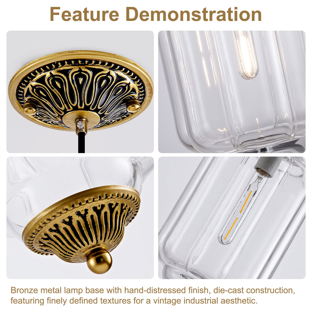 Feature close-up carved antique bronze metal hardware ribbed clear glass shade details