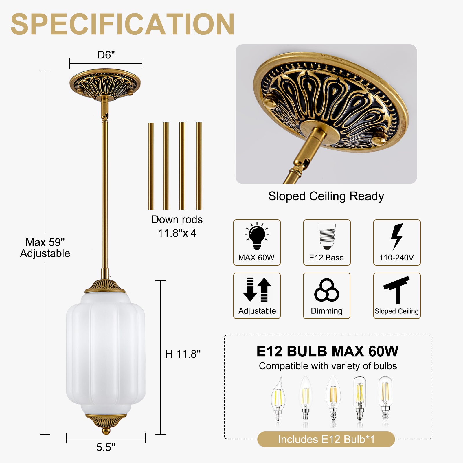 Specification dimension chart antique bronze ribbed glass pendant light E12 bulb included