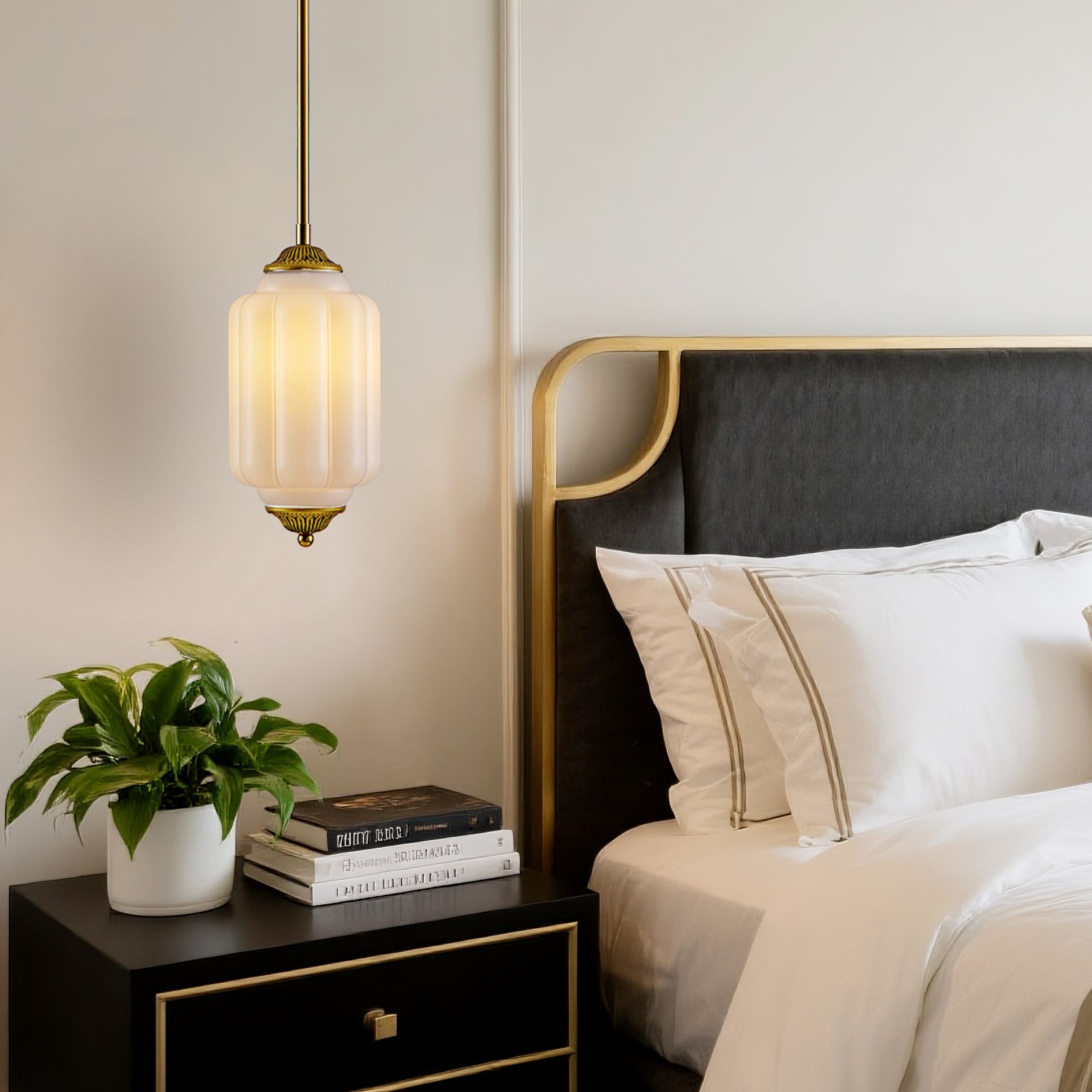 Vintage frosted glass pendant light above bedroom bedside nightstand home decor