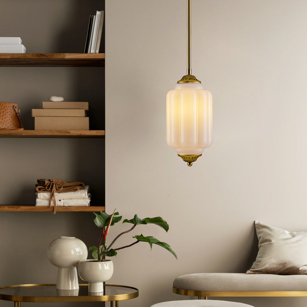 Antique bronze ribbed glass pendant light hanging in modern living room reading corner
