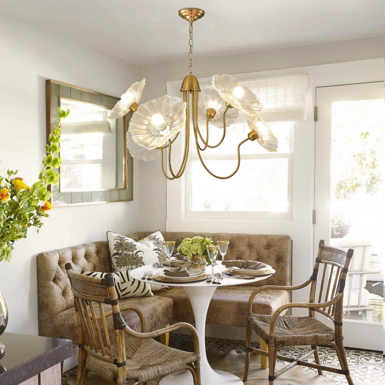 Vintage Floral Glass Chandelier, 6-Light Large Pendant Light with Flower Shades Gold Brass Chandelier Hanging Ceiling Light Fixture