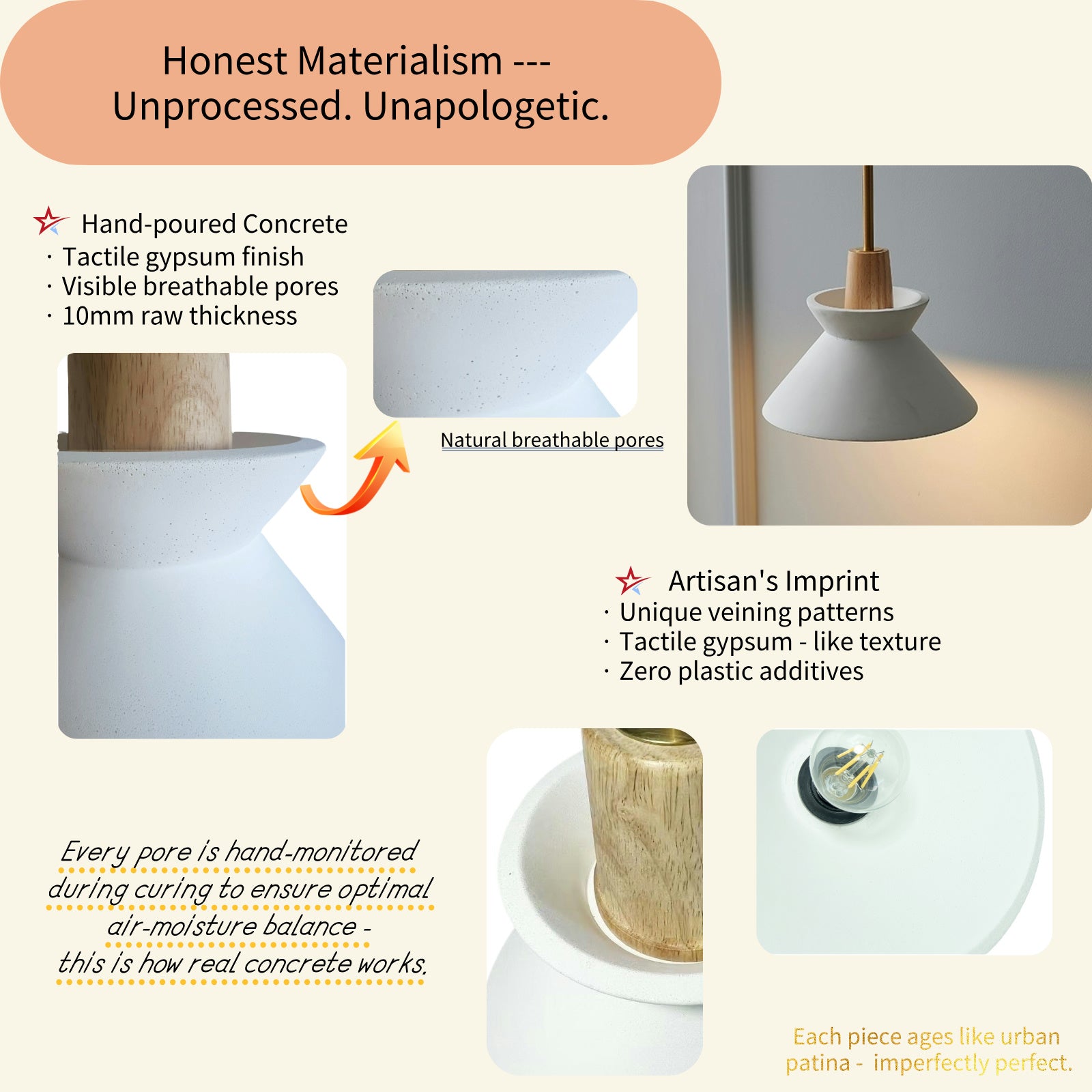 Hand-poured concrete pendant light with natural breathable pores, minimalist design