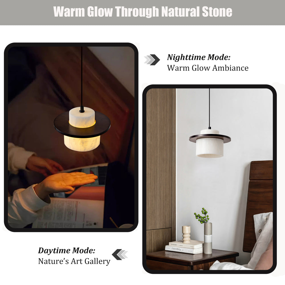 Wabi Sabi marble pendant light showing daytime (natural stone art) and nighttime (warm glow ambiance) modes