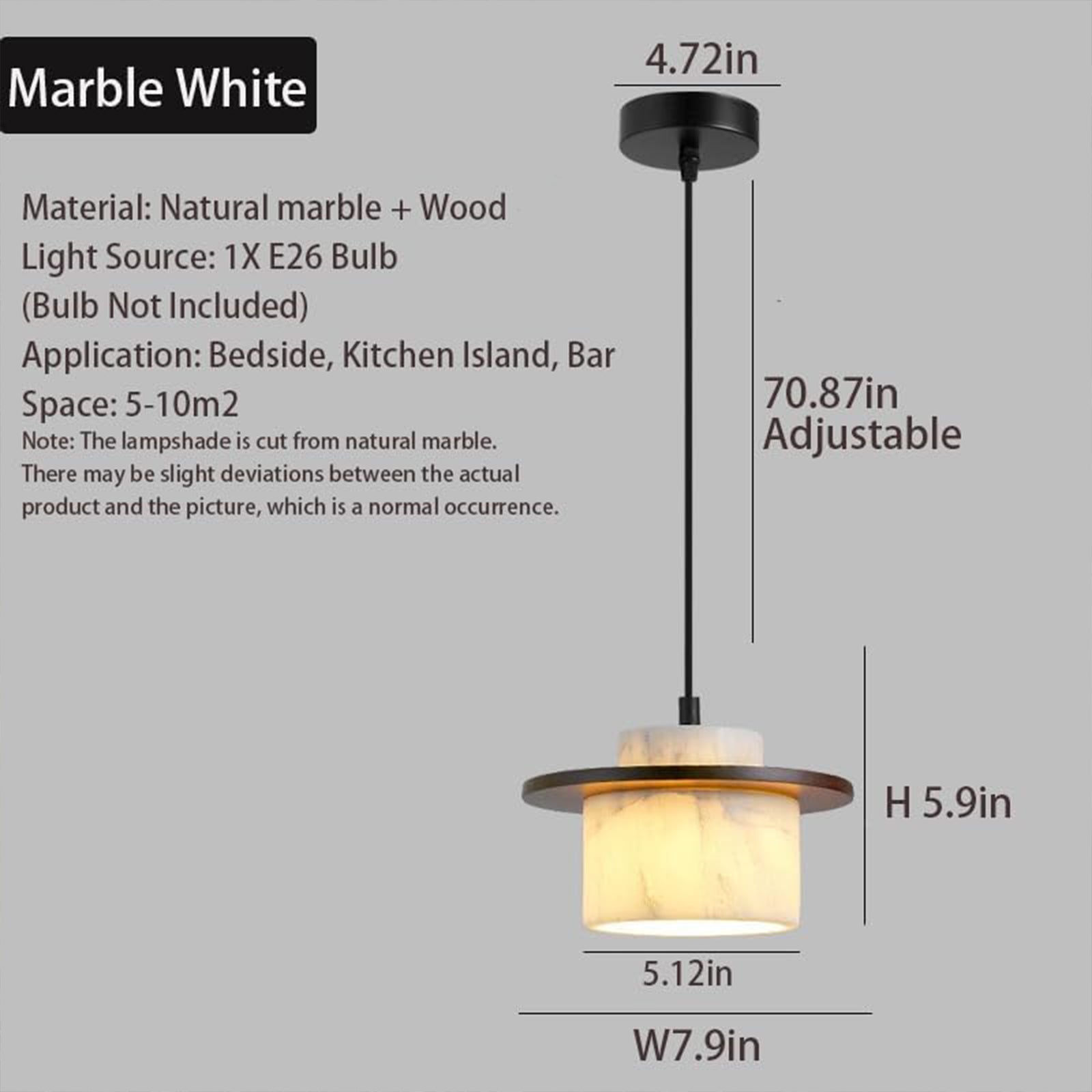Natural marble and solid wood pendant light dimension diagram, adjustable 70.87in cord, E26 bulb base, 5-10m² space fit